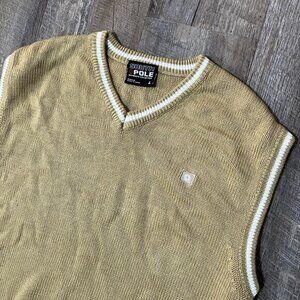 Vintage Y2k SouthPole Tan Knit Sweater Vest Acrylic Stripe Mens Size Large